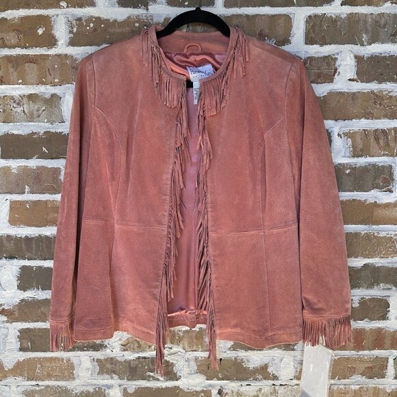 VTG Pamela McCoy Western Jacket Suede Leather Fringe‎ Women's Coral Size S NWT - Picture 1 of 12